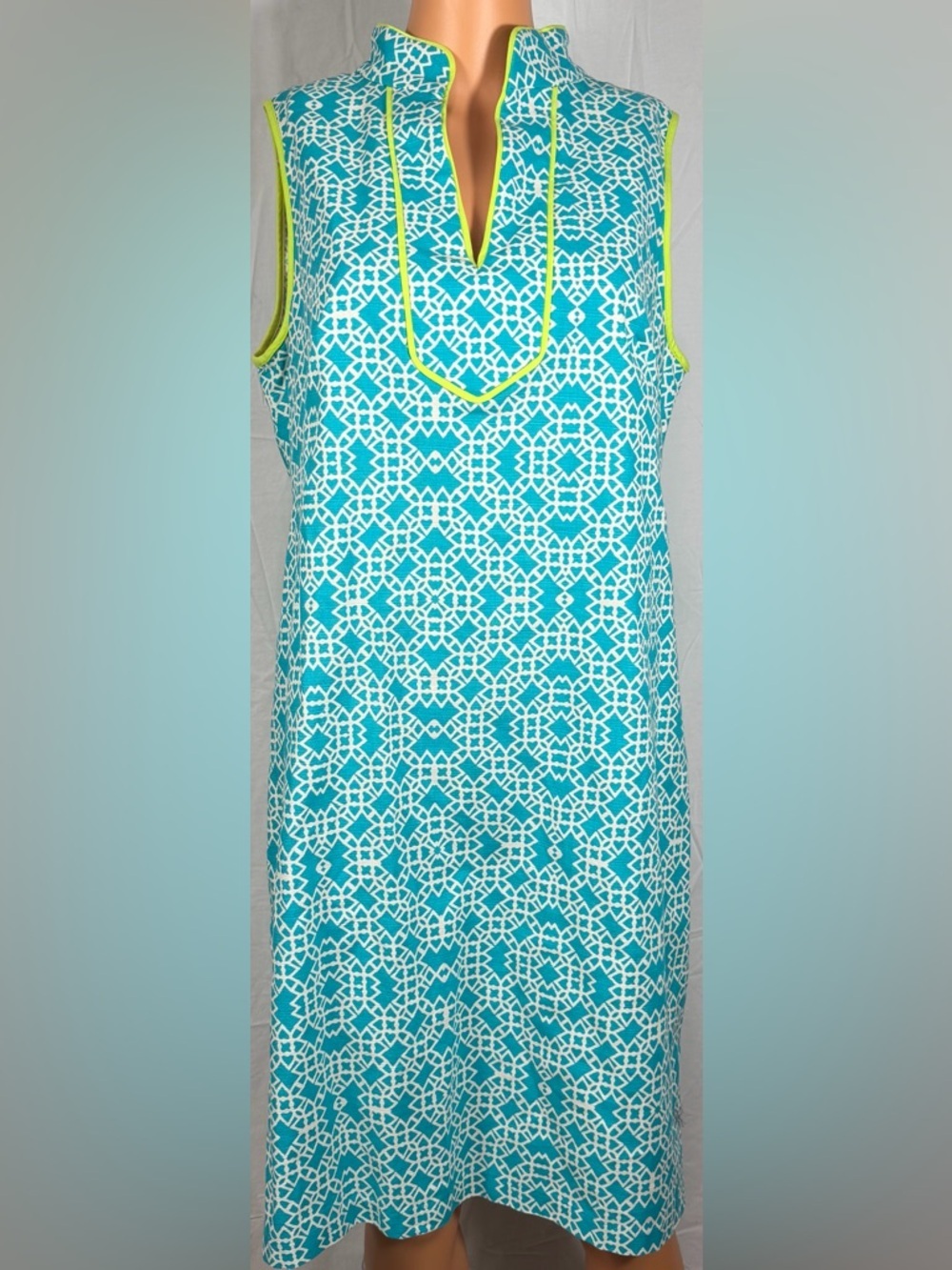 Eliza J Turquoise and White Printed Sleeveless Swim Cover-Up with Lime Trim